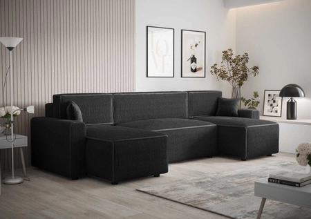Ecksofa mit Schlaffunktion Brandon U Bis schwarzer Bettkasten dreidimensionaler Stoff mit ausdrucksvollen Streifen weiche Armlehnen