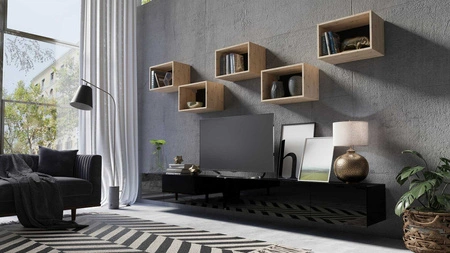 Apulia XXXII schwarz glänzend / Eiche artisan Eine außergewöhnlich stilvolle Schrankwand mit schlichten Möbelstücken, die sich in jede Einrichtung einfügt