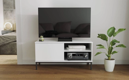 RTV Schrank Tutti 100 cm weiß einfache Form des Schrankes auf einem Metallsockel in schwarzem eleganten Design