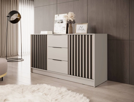 Kommode mit Schubladen Aspen 155 cm Beige / Schwarze Lamellen modernes Design Schranktüren der Kommode mit dekorativen Lamellen