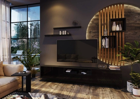 Metoni schwarz / schwarz glänzend universelle und stilvolle Schrankwand für das Wohnzimmer minimalistisches Design in einer modernen Umgebung