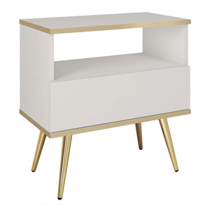 Luxuriöser weißer Nachttisch mit Schublade eleganter Design-Schrank mit Goldverzierung Schrank auf hohen Metallbeinen gestützt