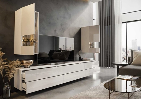 Schrankwand Pirgos weiß / weiß glänzend minimalistisches Design Schrankwand für Wohnzimmer oder Sitzungssaal push to open system