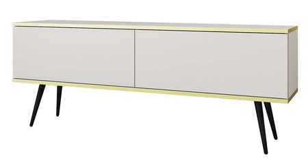 TV-Schrank Luxury 135 cm weiß eleganter Design-Korpus mit goldener Zierleiste Schrank auf schwarzen Metallbeinen