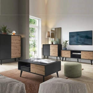 Möbelset Saipan Schwarz / Eiche Artisan Modernes Design funktionale Wohnzimmerwand für das Wohnzimmer oder den Tagesraum dekorative geriffelte Verzierung