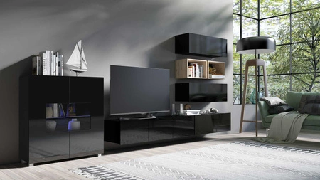 Möbelwand Apulia XXVIII schwarz glänzend / Eiche handwerklich extrem stilvolle Möbelwand einfache Elemente, die in jedes Interieur passen