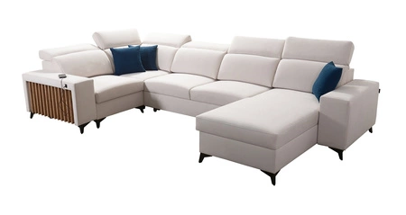 Ecksofa mit Schlaffunktion Kelly IV schwarz rechts geflochten bequemes Ecksofa verstellbare Kopfstützen seitlich mit Latten verkleidet