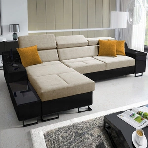 Ecksofa mit Schlaffunktion Alcamo beige/schwarz links elegantes und stilvolles Ecksofa mit einer ausziehbaren praktischen Schublade an der Seite des Möbels