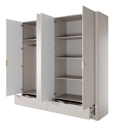 Spiegelschrank Lante 213 cm beige stilvoller Kleiderschrank mit Schubladen in modernem Design geriffelte Fronten originelle geschwungene Form