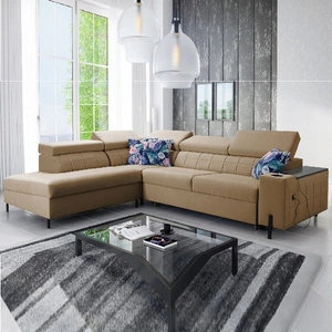 Ecksofa mit Schlaffunktion Belvi III dunkelbeige links bequemes und elegantes Ecksofa für das Wohnzimmer mit praktischem Stauraum an der Seite