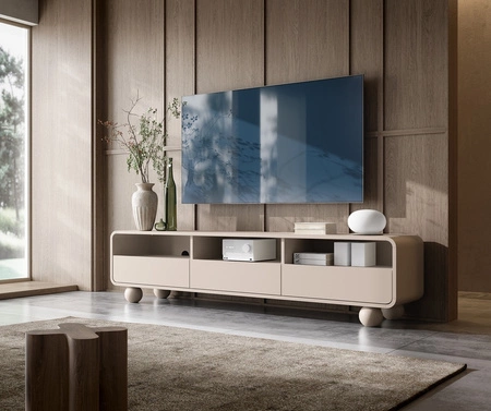TV Schrank Bion 180 cm beige modernes Design abgerundete Linien TV-Schrank Designer kugelförmige Beine