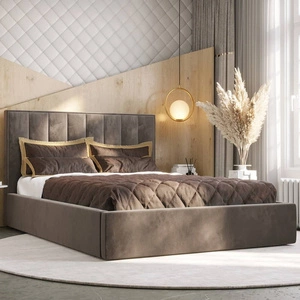 Polsterbett Rinus 180x200 mit Aufbewahrung Hellbraun Modernes skandinavisches Stilbett mit bequemem Kopfteil