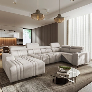 Ecksofa mit Schlaffunktion Castel IV beige linke Seite stilvolles Ecksofa mit Bettzeugcontainern und verstellbaren Kopfstützen