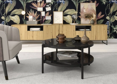 Runder Couchtisch 84 cm Sampi glänzend schwarz mit zusätzlicher Ablagefläche leichtes Design Metallgestell idealer Tisch für jede Einrichtung