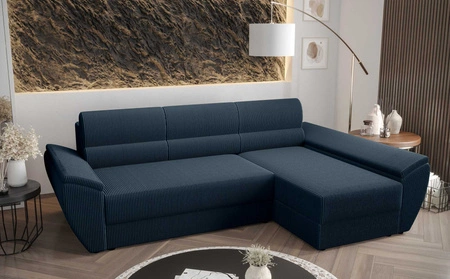 Ecksofa mit Schlaffunktion Fogu III blau rechtsseitig stilvolles Ecksofa mit Armlehnen und Bettzeugablage Kordelstoff