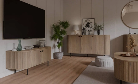 Kommode Ovalio 165 cm Eiche cremona minimalistische Form gemacht Kommode für Wohnzimmer stilvolle ovale Form dekorative Fräsung auf den Körper