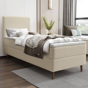 Boxspringbett Totti 90x200 beige stilvolles Bett mit Bettzeugablage dreidimensionaler Stoff mit ausdrucksvollen Streifen