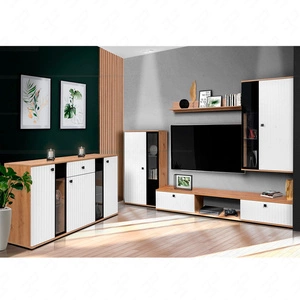 Senja Möbelset Eiche handwerklich / weiß modernes Design dekorative geriffelte Fronten mit Metallgriffen