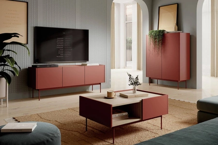 Kommode Vellore 144 cm Backstein elegante Kommode mit unverwechselbarem Charakter mit abgesenkter Platte in Eiche Schatten Metall Beine