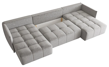 Ecksofa mit Schlaffunktion Oroso U hellgrau Bettzeugcontainer weicher Samtstoff mit wasserabweisender Beschichtung Ziersteppung