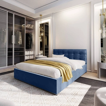 Polsterbett Montigo 160x200 blau mit Container im modernen skandinavischen Stil mit gestepptem Kopfteil