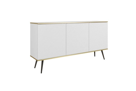 Kommode Luxury 160 cm weiß elegantes Design stilvolle geriffelte Fronten Kommode Körper mit Gold trim schwarzen Metallbeinen gekrönt