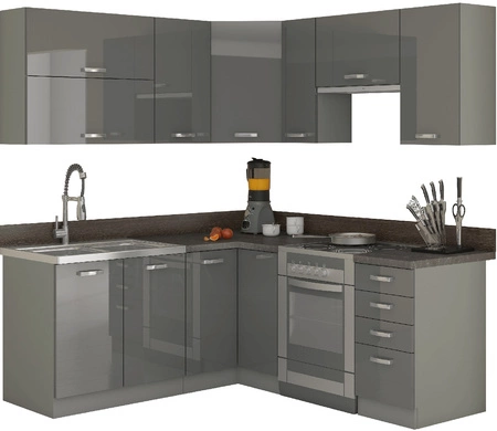 Eckküchenmöbel-Set Graues 170x190 cm Hochglanzfronten einzigartiger Stil der Schränke passt zum Interieur jeder Küche