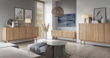 Kommode Boho 144 cm Eiche Riviera / Marmorbianco Außergewöhnliches Design universelle Farbkombination dekorative Marmorböden