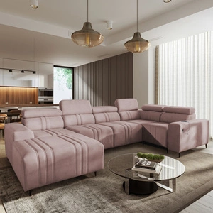 Ecksofa mit Schlaffunktion Castel IV rosa linke Seite stilvolles Ecksofa mit Bettzeugbehältern und verstellbaren Kopfstützen