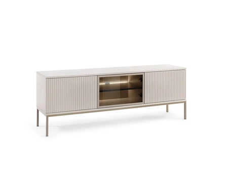 RTV Schrank Amma 154 cm beige elegante Form des Möbels in einem modernen Stil geschmackvoll geriffelte Front sicher gehärtetem Glas