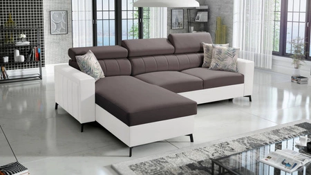 Ecksofa mit Schlaffunktion Savona braun/weiß links elegantes Ecksofa mit verstellbaren Kopfstützen Ziernähte 