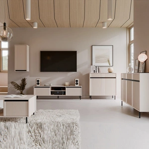 Osaka Möbelset beige/schwarz modernes Design mit modischen Farben hohe Metallbeine schwarz geschmackvolle geriffelte Front hervorgehoben