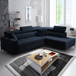 Nausa III Ecksofa mit Schlaffunktion marineblau rechts Samt stilvolles bequemes Ecksofa verstellbare Kopfstützen Bettzeugcontainer