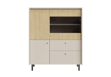 Kommode Cappo 104 cm sandbeige / Eiche geölt Hochkommode ideal für Esszimmer teilverglaste Front