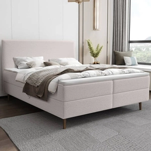 Boxspringbett Totti 140x200 elfenbeinfarben stilvolles Bett mit Bettzeugablage dreidimensional gestreifter Stoff