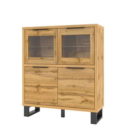 Kommode Halle 120 cm Eiche wotan funktional ideal für Loft-Stil Interieurs hohe Kommode mit Glas auf einem Metallsockel