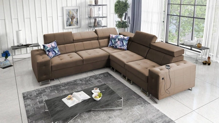 Ecksofa mit Schlaffunktion Hampton III hellbraunes rechtsseitiges bequemes Ecksofa aus glattem und weichem Samtstoff