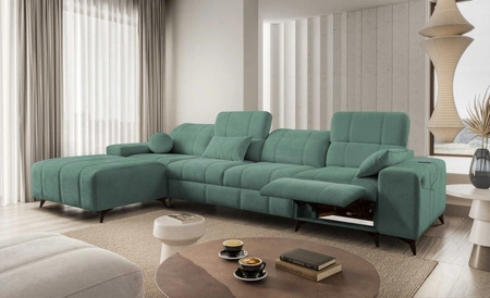 Ecksofa mit Schlaffunktion Penejos XII Lux grün linke stilvolles Ecksofa mit bequemer ausziehbarer Fußstütze