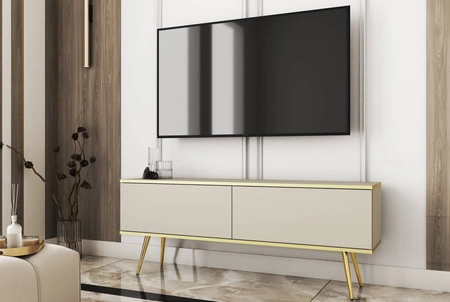 TV-Schrank Luxury 135 cm beige elegantes Design, Korpus mit goldener Zierleiste, Schrank auf goldenen Metallbeinen