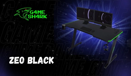 Zeo Gaming-Schreibtisch schwarz / lila Designer-Schreibtisch rutschfeste Carbonplatte voll gepolstert LED-Beleuchtung