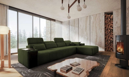 Ecksofa mit Schlaffunktion Tesalia XII grün rechte Seite modernes Design komfortable Schiebelehne Schublade in der Seite des Möbels