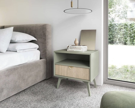 Wald Eukalyptus / Beige Fischgrät Nachttisch mit Schublade ideal Schlafzimmer Schrank geschmackvoll Fischgrät Dekor auf Schublade Front