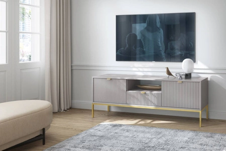 Lovro 154 cm grau RTV Schrank modernes Design wird die Liebhaber von ausdrucksstarken Interieurs begeistern goldenen Metall-Accessoires