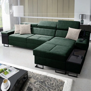 Ecksofa mit Schlaffunktion Alcamo grün rechte Ecke elegantes und stilvolles Ecksofa mit einer ausziehbaren praktischen Schublade an der Seite des Möbels