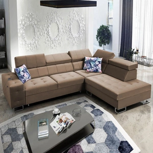 Ecksofa mit Schlaffunktion Hampton VII hellbraunes rechtes Ecksofa für den Raum aus Samtstoff mit glatter Oberfläche