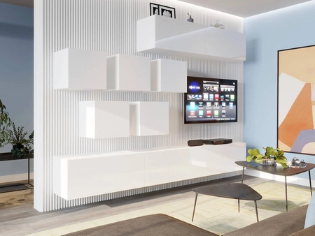 Spata Schrankwand weiß / weiß glänzend stilvolle grifflose Massivholzschrankwand modernistisch für Wohnzimmer oder Sitzungssaal