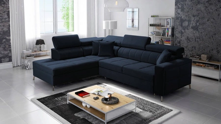 Ecksofa mit Schlaffunktion Nausa III marineblau links Samt stilvolles bequemes Ecksofa verstellbare Kopfstützen Bettzeug Container