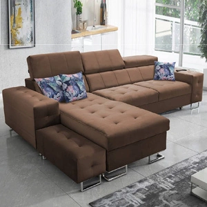 Ecksofa mit Schlaffunktion Hampton hellbraun linke Seite stilvolle Steppung auf dem Sitz weicher Polsterstoff Ecksofa mit Verlängerung