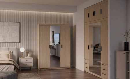 Kleiderschrank mit Spiegel Rene 133 cm Eiche geölt geräumiger Kleiderschrank für das Schlafzimmer in natürlichen Farben mit stilvollen schwarzen Griffen