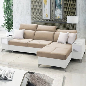 Ecksofa mit Schlaffunktion Elgin beige / weiß rechtes Ecksofa mit verstellbaren Kopfstützen praktische Schubladen in den Möbelseiten